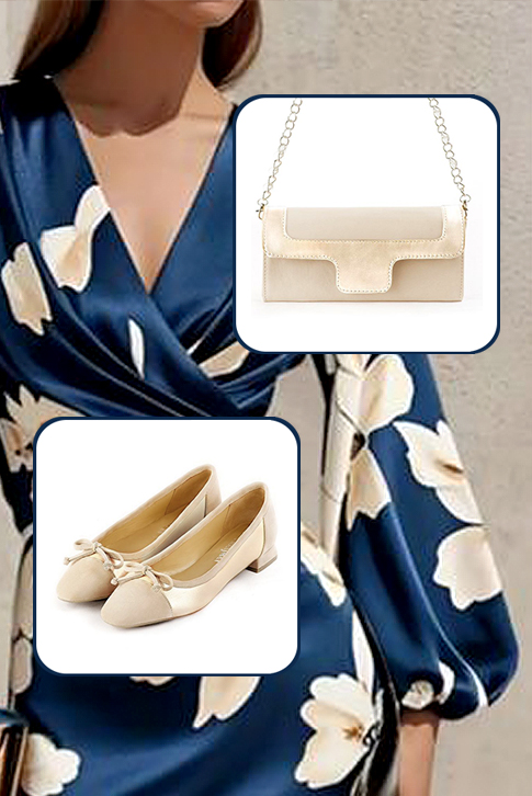 Women's champagne white and gold dress ballet flats, with low heels. Square toe. Flat flare heels - Top view